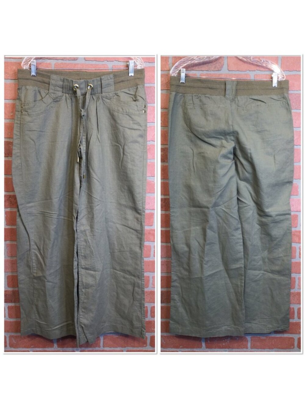 Y2K Mandee Womens Linen Blend Wide Leg Pants XL Elastic Waist Olive Green